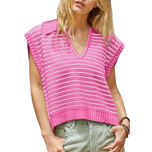 Women's V Neck Cap Sleeve Summer Sweater Tops 2025 Striped Casual Loose Knit Vest - 1 of 4