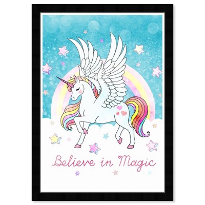 15" x 21" Believe Unicorn Fantasy and Sci-Fi Framed Art Print - Wynwood Studio: Modern Decor, Digital Fairytale Artwork, Black Plastic Frame