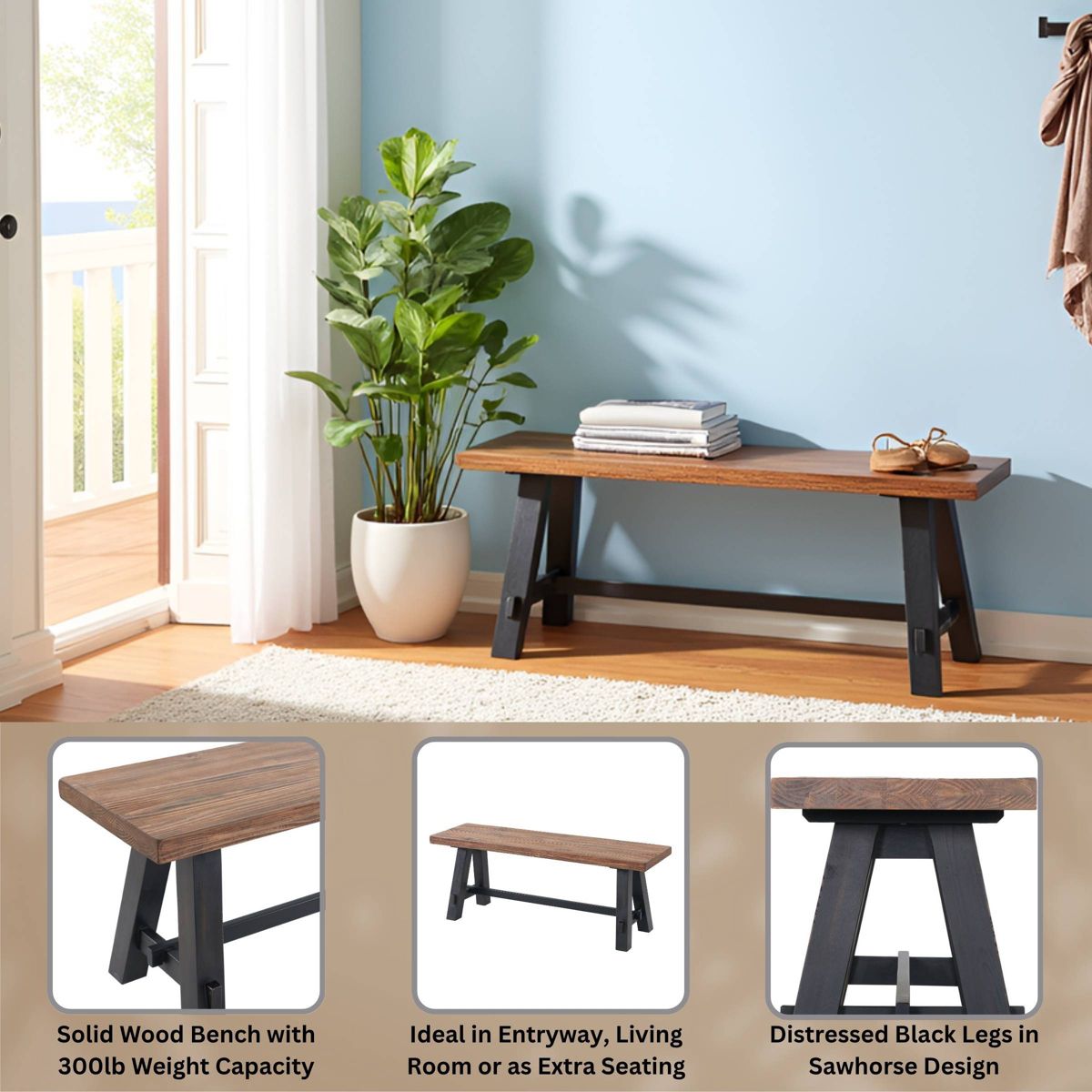 48" Odin Solid Wood Bench Black - Alaterre Furniture - thumbnail 4