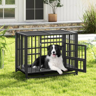 Munora - 37 Inch Foldable Heavy-Duty Metal Dog Cage - Chew-Proof Dog Crate with Lockable Universal Wheels