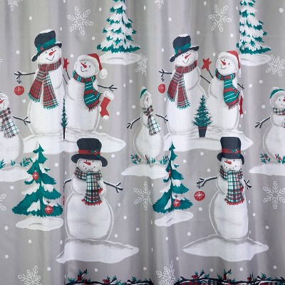 Plaid Snowman Fabric Shower Curtain with Hooks Set