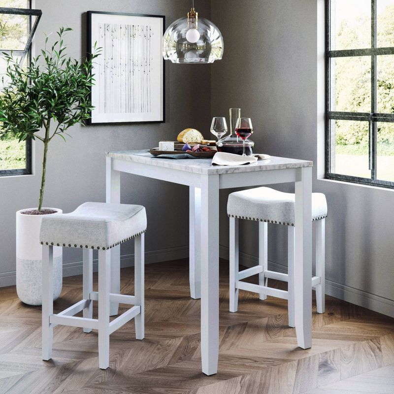 38&#34; Solid Wood Pub Dining Table and Stool Set White Marble/Light Gray Linen - Nathan James, 2 of 3
