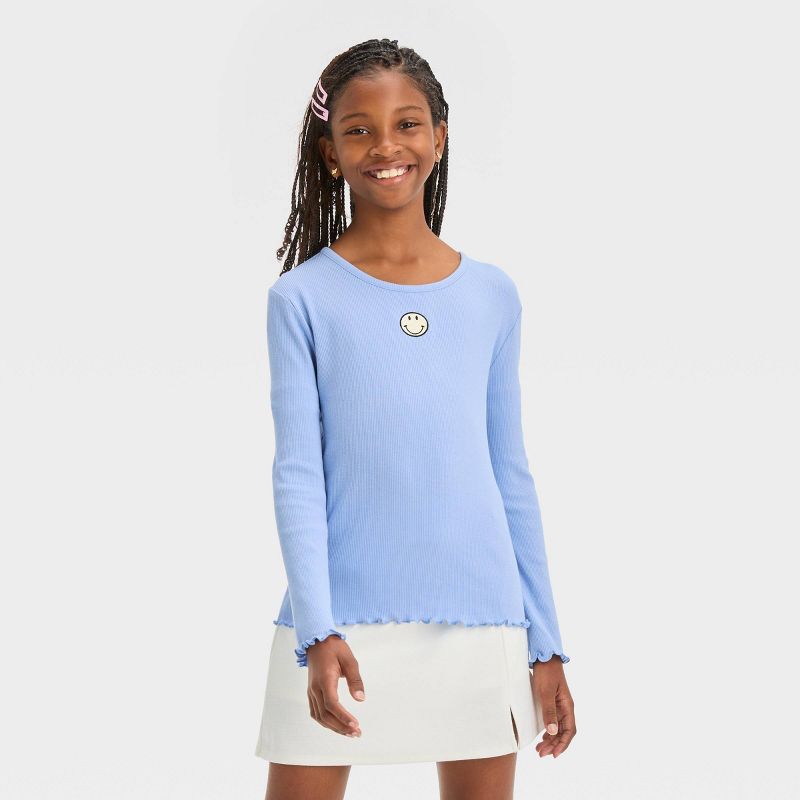 Girls' Long Sleeve T-Shirt - art class™ Blue Smiley, 1 of 5