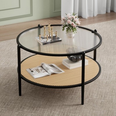 Garvee 30" Rattan Coffee Table, 2-Tier Round End Table with Storage, Round Water-Wave Glass Metal Center Tables, Modern Circular Coffee Tables
