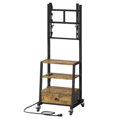 Itopfox Rolling TV Stand with Wheels and Mount & Fabric Drawer - Entertainment Center with Power Outlet for Bedroom, Living Room - Rustic Brown
