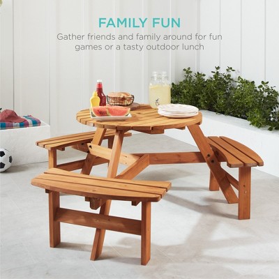 Natural Wood 6-Person Circular Picnic Table with Benches