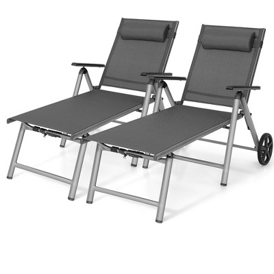 Tangkula 2PCS Patio Recliner Chair Outdoor Adjustable Folding Chaise Lounge Chair w/ 2 Wheels