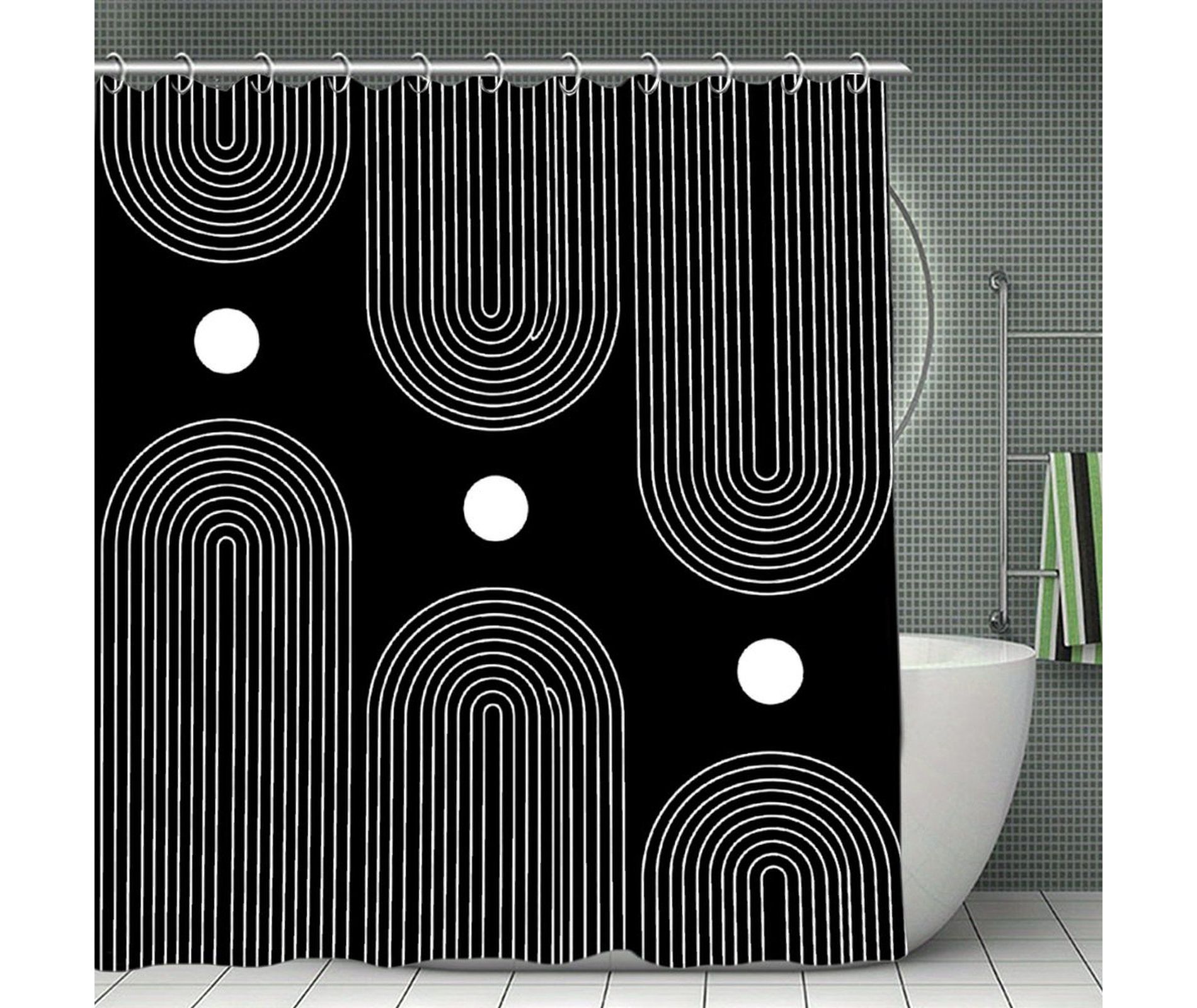 Black and White Shower Curtain, Boho Minimalist Mid Century Modern Arch Geometric Machine Washable Waterproof Fabric 70.8x70.8Inch