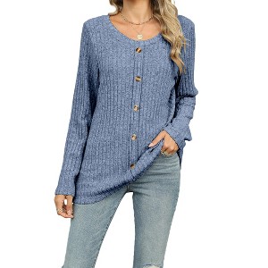 Women's Button Detail Long Sleeve T-Shirt Ribbed Knit Loose Fit Casual Top - 1 of 4