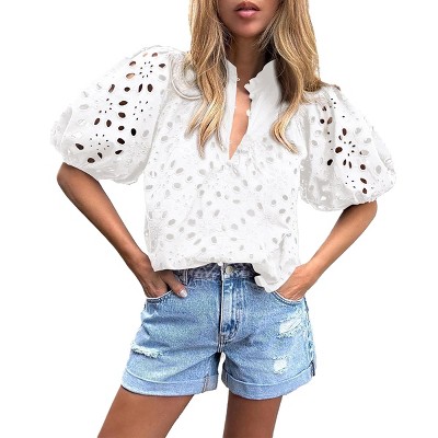 Women's Hollow Out Blouse Summer Tops Dressy Casual Short Lantern Sleeve V Neck Lace Embroidered Blouses Shirts