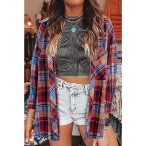 I AM A FASHION JUNKY Orange Plaid Print Pocket Loose Shirt - 1 of 4