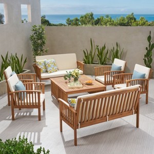 Christopher Knight Home Navan Outdoor Acacia Wood 8 Seater Chat Set with Water-Resistant Cushion - 1 of 4