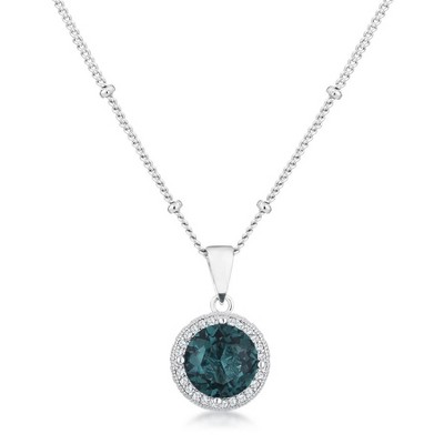 ShineHigh 3Ct Rhodium Plated Round Halo Satellite Pendant Necklace with Clear or Blue Green CZ Stone – 18" Chain + 2" Extender, Elegant Halo Design