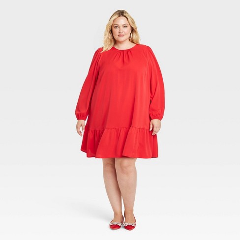 Women's Long Sleeve Tiered Shift Dress - Ava & Viv™ Red Xxl : Target