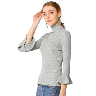 Allegra K Women's Ruffle Sleeves Pullover Turtleneck Stretchy Knit Sweater