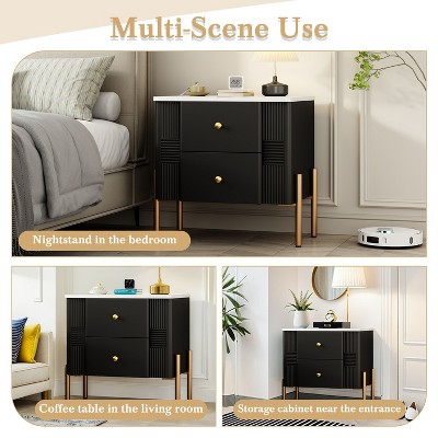 CAVINAS Modern Nightstand with 2 Storage Drawer, Bedside Table with Golden Metal Handles and Legs,Nightstand for Bedroom