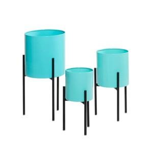 Set of 3 Contemporary Metal Planters Teal - Olivia & May: Decorative, No Drainage, Round Shape, Iron Stand - 1 of 4