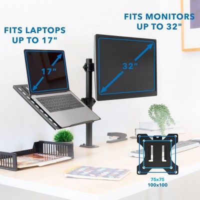 Adjustable Black Dual Laptop and Monitor Desk Mount with Ventilated Tray