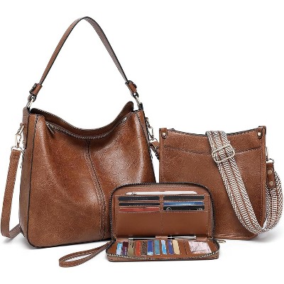 3PCS Crossbody Bags Set Large Leather Purse Shoulder Handbags with Wallet Adjustable Straps