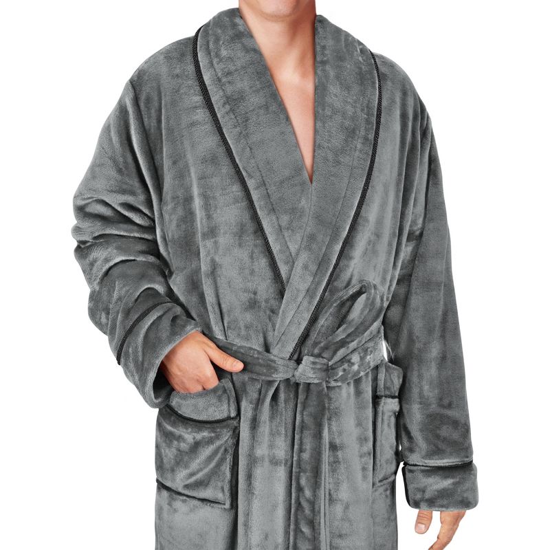 PAVILIA Mens Soft Robe, Plush Warm Bathrobe for Men, Long Spa Fleece Flannel with Shawl Collar, Pockets, Trim Piping, 3 of 8