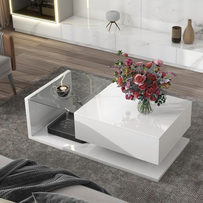 39.3" Coffee Table With Drawer, Tempered Glass, High-Gloss UV Surface Square Wooden Cocktail Table, Household Side End Table