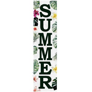HomeRoots 36" Green Pink And White Solid Wood Tropical Floral Summer Porch Sign - 1 of 4