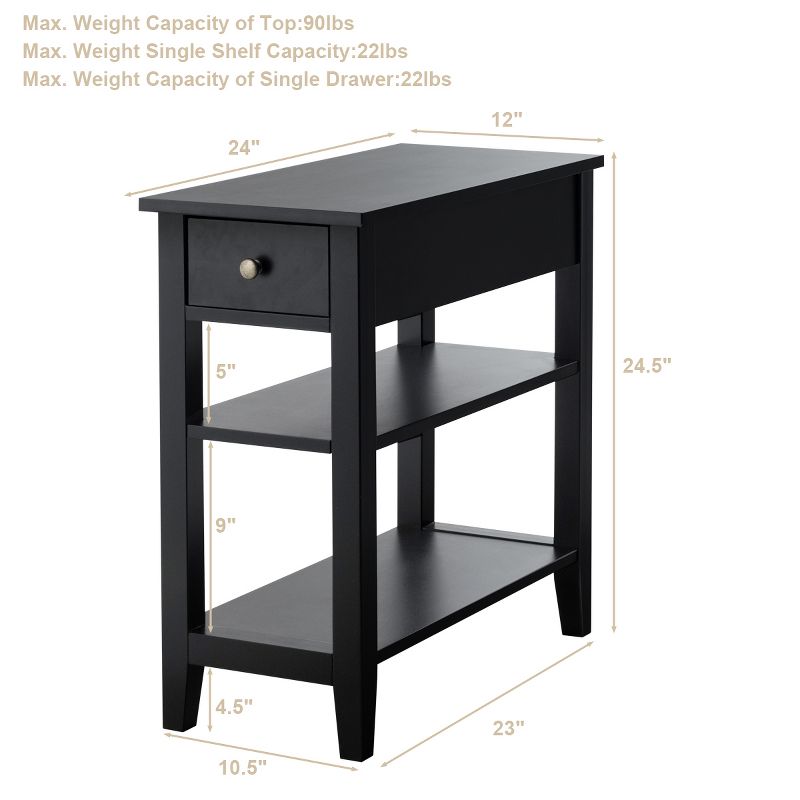 3Tier Nightstand Bedside Table Sofa Side End Table w/Double Shelves Drawer Black, 2 of 11
