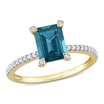 EVERLY JEWELRY | 14K Yellow Gold 2 CT TGW London Blue Topaz and 1/10 CT TDW Diamond Solitaire Ring