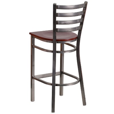Mahogany Wood and Silver Metal Ladder Back Barstool