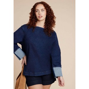ELOQUII Cuffed Sleeve Denim Top - 1 of 4