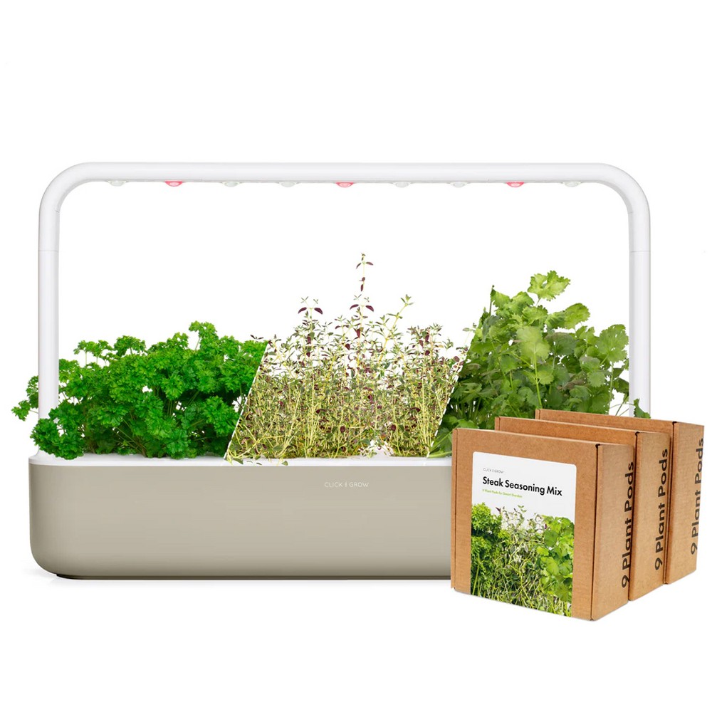 Click & Grow Indoor Steak Seasoning Gardening Kit, Smart Garden 9 with Grow Light and 36 Plant Pods, Beige