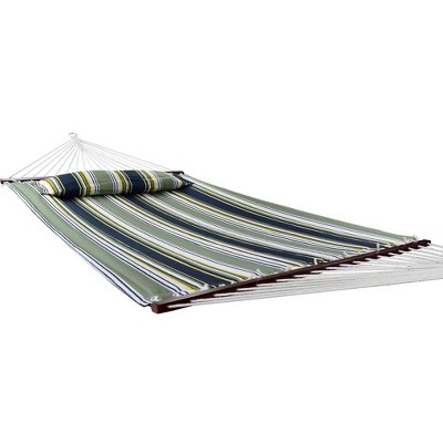 Dark Green Striped Cotton Outdoor Hammock with Steel Stand