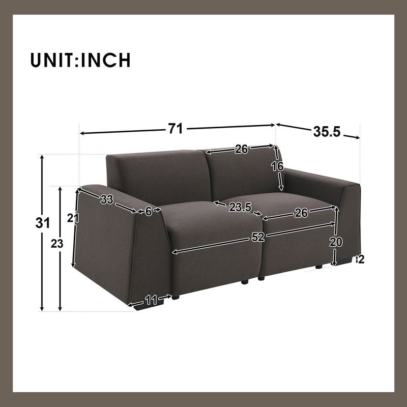 71" Modern Linen Fabric Sofa, Exquisite Wide Armrest Loveseat - ModernLuxe, 3 of 14