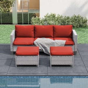 Sonkuki 3-Seater Patio Sofa Set Brown/Gray Rattan with Ottomans - 1 of 4