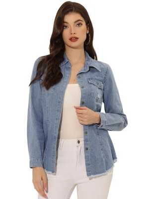 INSPIRE CHIC Women's Jeans Long Sleeve Button Down Distressed Frayed Denim Shirt