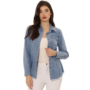 INSPIRE CHIC Women's Jeans Long Sleeve Button Down Distressed Frayed Denim Shirt - 1 of 4
