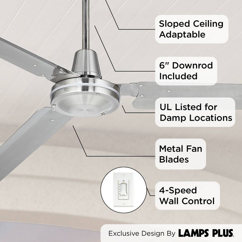 72" Casa Vieja Velocity Modern Industrial 3 Blade Indoor Outdoor Ceiling Fan Brushed Nickel Damp Rated for Patio Exterior House Home Porch Gazebo Barn, 4 of 11