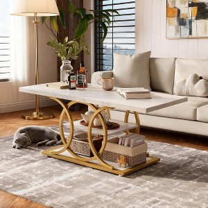 Gulches 3-Tier Rustic Industrial Coffee Table, 47.2"L×19.7"W×20"H White and Gold Faux Marble Look, Spacious Storage Shelves - 1 of 4