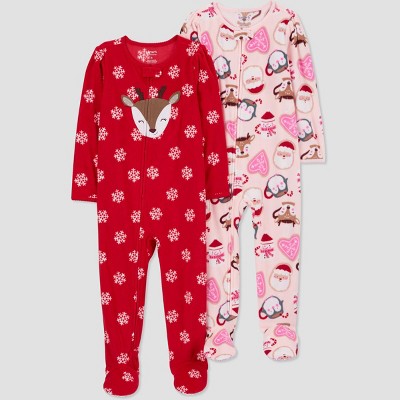 Image of Carter's Just One You® Toddler Girls' Long Sleeve Christmas Fleece Footed Pajama - Red/Pink 2T