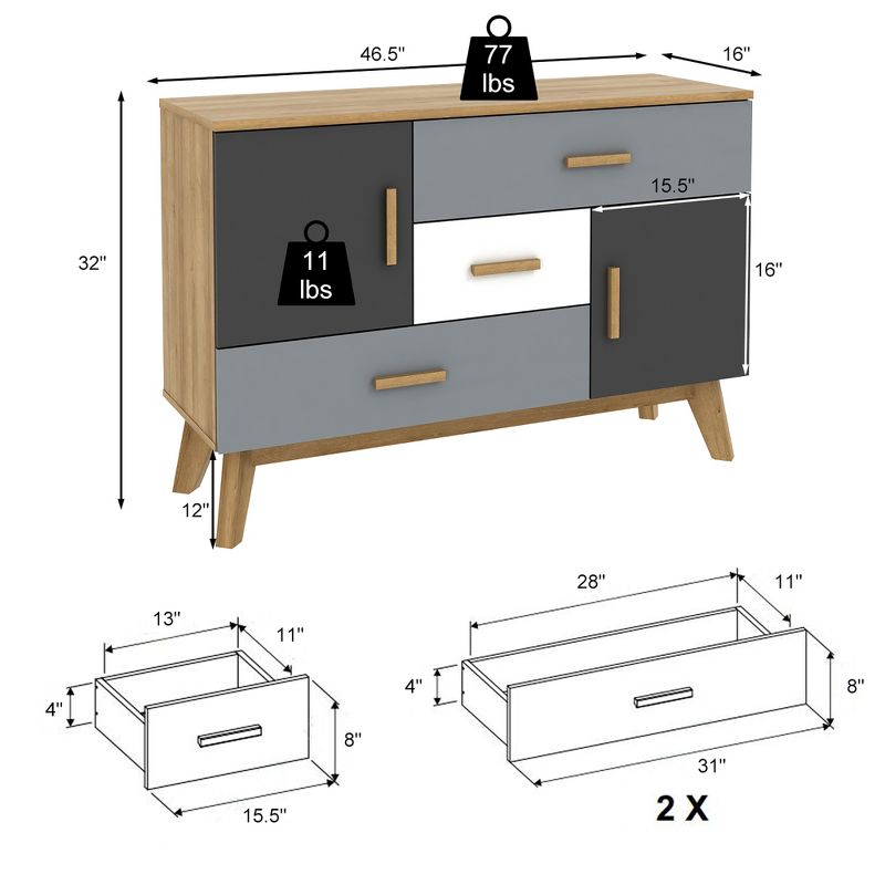 Costway Free-standing Storage Cabinet Modern Floor Cabinet w/2 Doors & 3 Drawers, 4 of 11