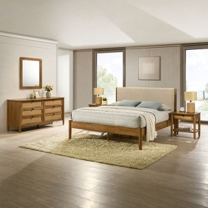 ORRD Vichy 5-Piece Rubberwood Bedroom Set, Queen Upholstered Bed, Dresser, Mirror & 2 Nightstands, Light Walnut with Rattan Drawers - 1 of 4