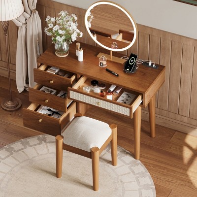 Vanity Desk Boho with Charging Station and Rattan Drawer for Bedroom 39in Wide-3irtyhousy