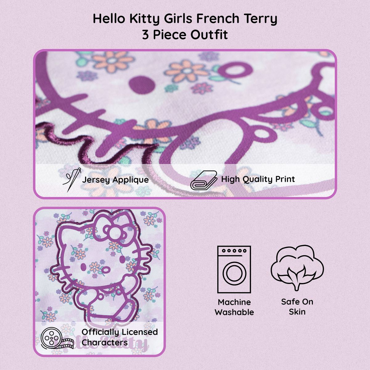 Hello Kitty Girls French Terry Drop Shoulder Pullover Sweatshirt, Ribbed T-Shirt and Shorts 3 Piece Outfit Set Little Kid to Big Kid - thumbnail 8