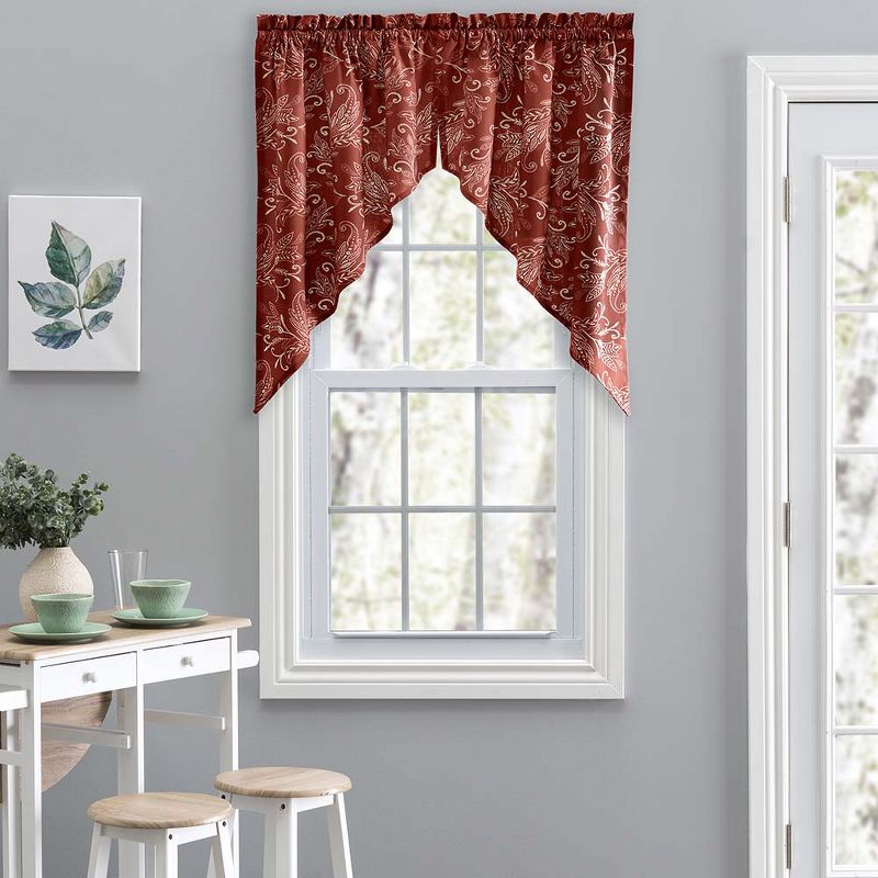 Ellis Curtain Lexington Leaf Pattern on Colored Ground Tailored Swags 56"x36" Brick, 1 of 5