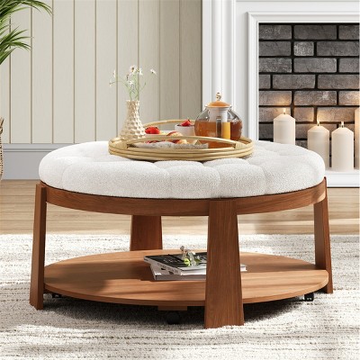 36" Ottoman Coffee Table,2-Tier Round Button Tufted Footrest with Shelf & Wheels,Waterproof Linen for Living Room-Baofuwish