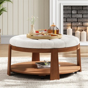 36" Ottoman Coffee Table,2-Tier Round Button Tufted Footrest with Shelf & Wheels,Waterproof Linen for Living Room-Baofuwish - 1 of 4