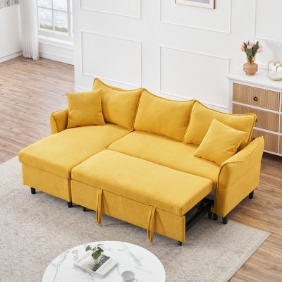 SKRAN 80" Sectional Sofa Couch with Pull Out Bed, Modern Upholstered L-Shaped Sleeper Sofa Bed with Storage Chaise & Throw Pillows, Corduroy(Yellow)