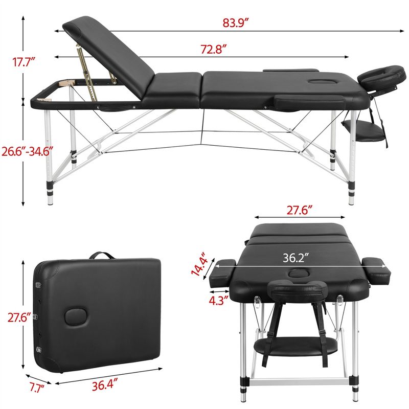 Yaheetech Portable Aluminium 3 Folding Massage Tables with Non-Woven Bag Black, 4 of 11