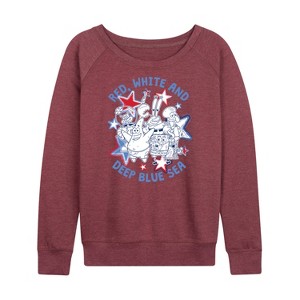 Women's - SpongeBob SquarePants - Red, White, and Deep Blue Sea Lightweight French Terry Wide Neck Long Sleeve Shirt - 1 of 4