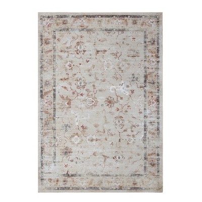 Washable Non-Slip Accent Rug, Floral Scroll, Beige and White, 26 x 45 